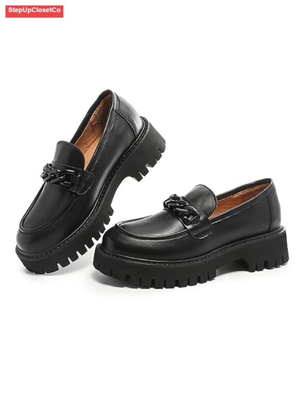 Platform Loafers Chunky Lug Sole PU Leather Slip On Round Toe Women Shoes